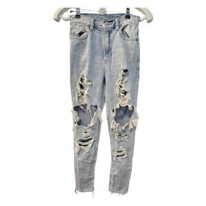 American Eagle Mom Jean Womens Size 00 Super Distressed Lightwash